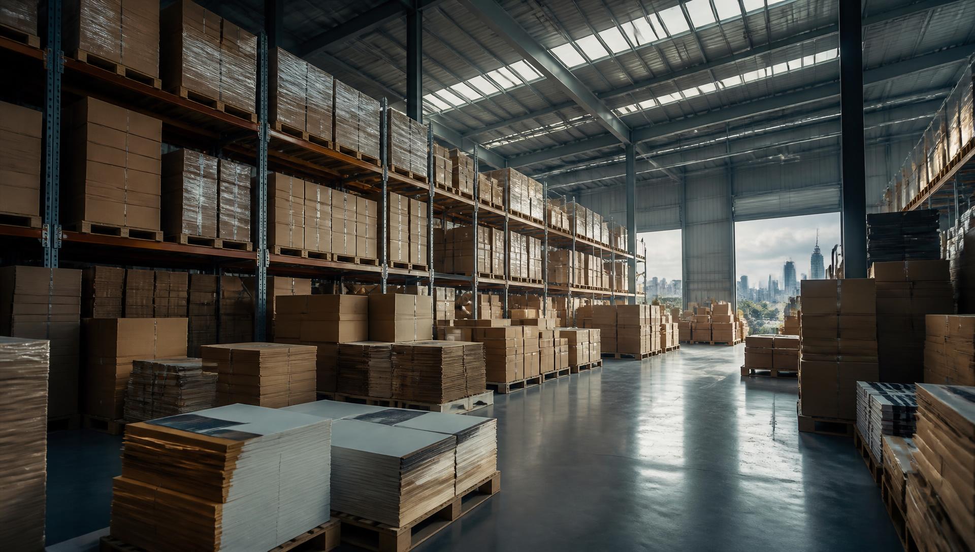 Racking stacked with pallets of corrugated cartons inside the Manwin warehouse in Wiri, Auckland